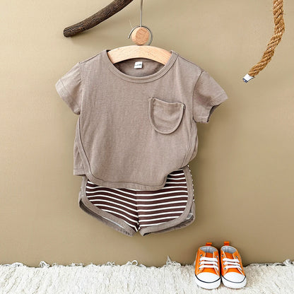 Toddler Baby Summer Casual Clothes Sets Solid Color With Pocket T-shirt Tops+Striped Triangle Shorts Boys Girls Clothes 2Pcs/Set