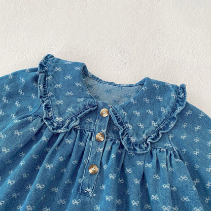 Spring and Autumn New Baby Clothing for 2-4 Years Old,   Baby GIRL  Dress, Bow Embroidered Long Sleeve Cowboy Skirt