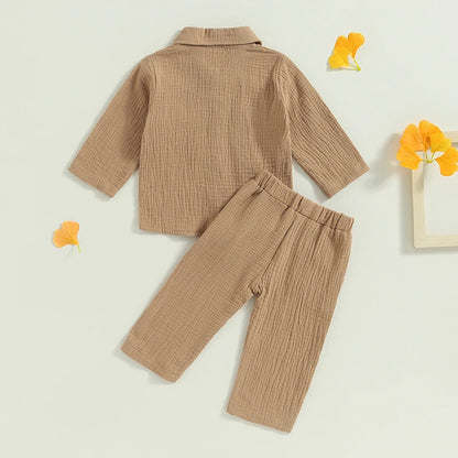 Toddler Boy Linen Outfit Baby Boy Fall Winter Clothes Set Button-Down Shirt Tops Cotton Linen Pants 2PCS