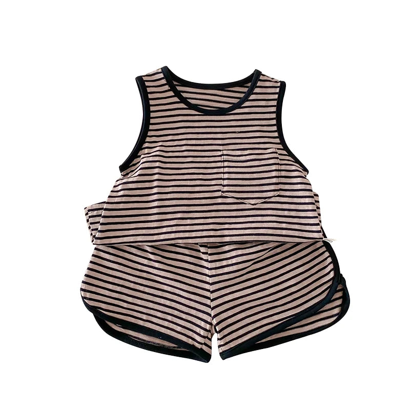 Kids Boy 2 Piece Outfits Solid Color/Stripe Print Sleeveless Tank Tops and Elastic Shorts Set Summer Clothes