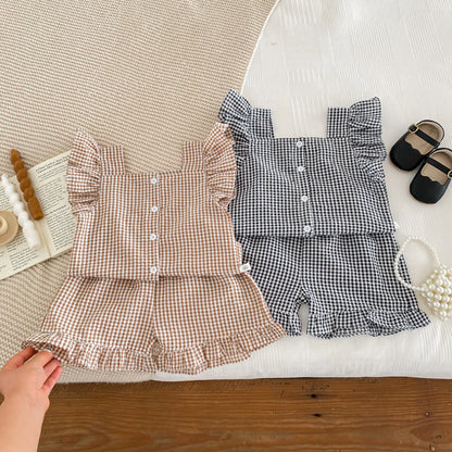 Korean Style Kids Outfit Baby Clothes Girls Summer Checkered Sleeveless Blouses + Shorts Two Piece Set 2-6yrs