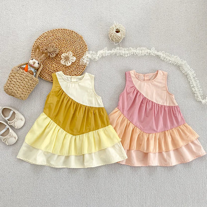 2025 Kids Clothes Summer Cotton Dress Baby Girls Clothes Cartoon Splicing Colors Dresses Children's Clothing Vestidos Cotton