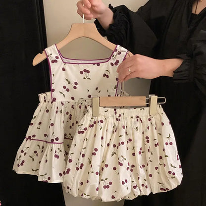 Kids Summer Clothing Set Girls Cherry Print Square Collar Loose Shirt+Elastic Waist Shorts 2-8Y Children 2Pcs Cute Clothes Suit