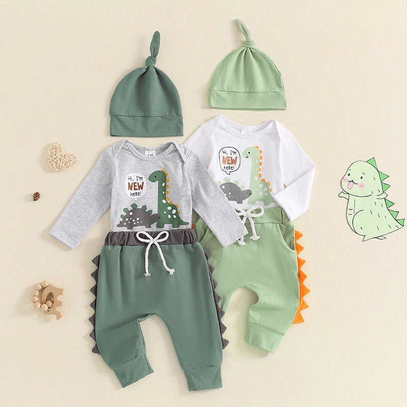Baby Boy Dinosaur Clothes Hi Im New Here Newborn Outfit Long Sleeve Romper Top Pants Set 3Piece Outfits