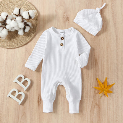 Baby Boy 2 Pieces Outfits Solid Color Ribbed Long Sleeve Romper Jumpsuit with Hat for Infant Toddler Fall Clothes