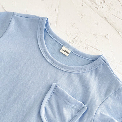 Toddler Baby Summer Casual Clothes Sets Solid Color With Pocket T-shirt Tops+Striped Triangle Shorts Boys Girls Clothes 2Pcs/Set