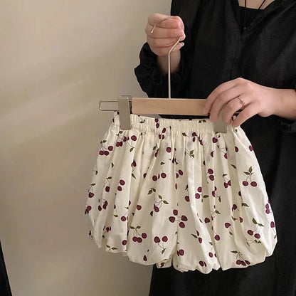 Kids Summer Clothing Set Girls Cherry Print Square Collar Loose Shirt+Elastic Waist Shorts 2-8Y Children 2Pcs Cute Clothes Suit