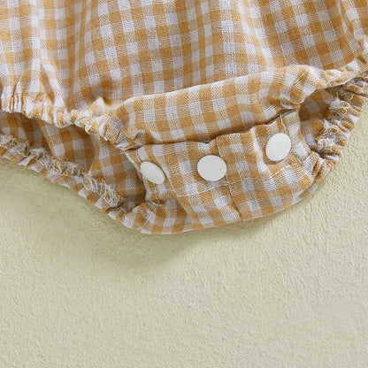 Baby Clothing Girls Romper + Headband Cotton Flying Sleeve Plaid Infant Rompers Jumpsuit Newborn Clothes