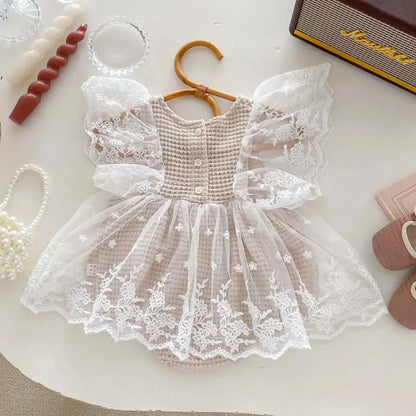 Newborn Baby Clothing Bodysuit Infant Waffle Romper Girls Flying Sleeve Summer Lace Jumpsuit Dress Sweet Toddler Clothes 3-24M
