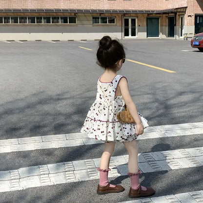 Kids Summer Clothing Set Girls Cherry Print Square Collar Loose Shirt+Elastic Waist Shorts 2-8Y Children 2Pcs Cute Clothes Suit