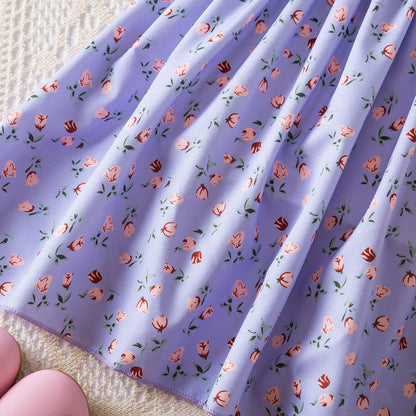 Kids Casual Dress for Girls Clothes 2024 New Summer Children Fashion White Floral Print Puff Sleeve Princess Dress 2-6 Years