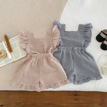 Korean Style Kids Outfit Baby Clothes Girls Summer Checkered Sleeveless Blouses + Shorts Two Piece Set 2-6yrs