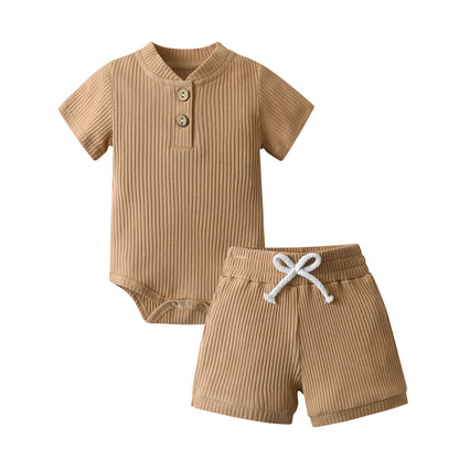 Newborn infant Baby Boy Casual Clothes Set Summer New Solid Knitted Short Sleeve Romper Top and Shorts Two-piece Outfit for Boys