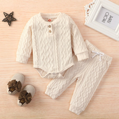 Toddler Boys Romper Tops Pants Suit Long Sleeve Round Neck Trousers Twists Solid Color Outfit Casual Baby Home Clothes Set