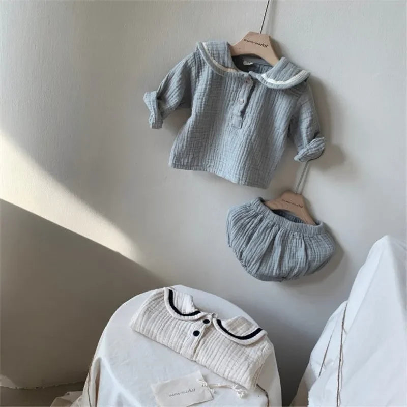 Baby Clothing Sets For 0-3Years Organic Cotton Navy Design Baby Boys Clothes Shirts + Bloomerst 2pcs Kids Outfit Baby Costume