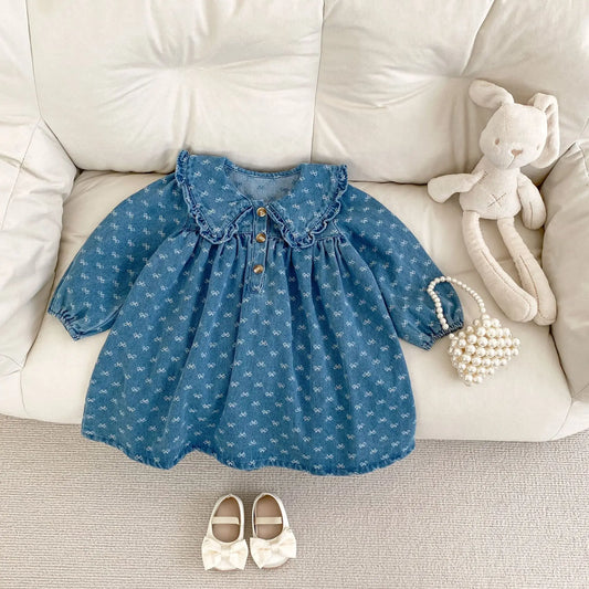 Spring and Autumn New Baby Clothing for 2-4 Years Old,   Baby GIRL  Dress, Bow Embroidered Long Sleeve Cowboy Skirt