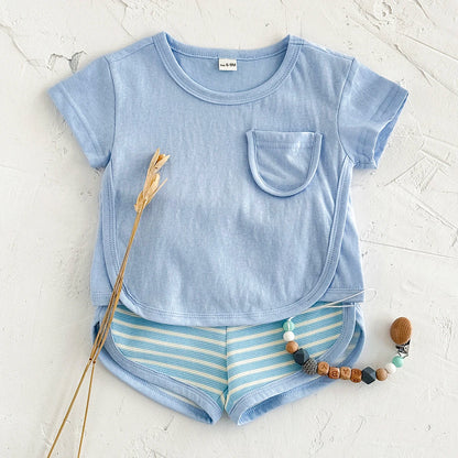 Toddler Baby Summer Casual Clothes Sets Solid Color With Pocket T-shirt Tops+Striped Triangle Shorts Boys Girls Clothes 2Pcs/Set
