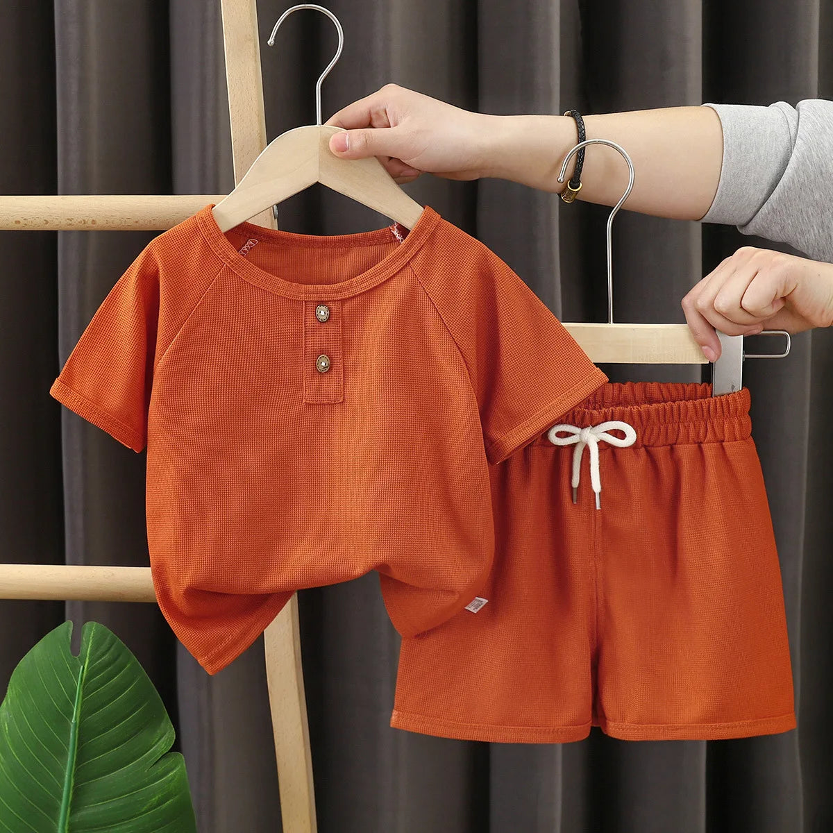 Kids Clothes Girls Outfit Summer Baby Boys Waffles Clothes Sets  Color Short Sleeve Tops Shorts 2PCS SuitComfortable Breathable