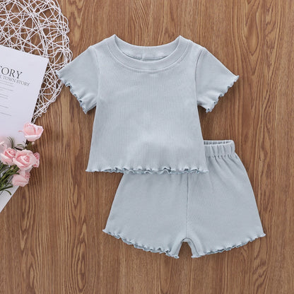 2025 Toddlers Baby Girls Summer Clothes Set Ruffle Ribbed Knit Short Sleeves T-Shirt Tops Shorts Casual Girls Outfits 2pcs