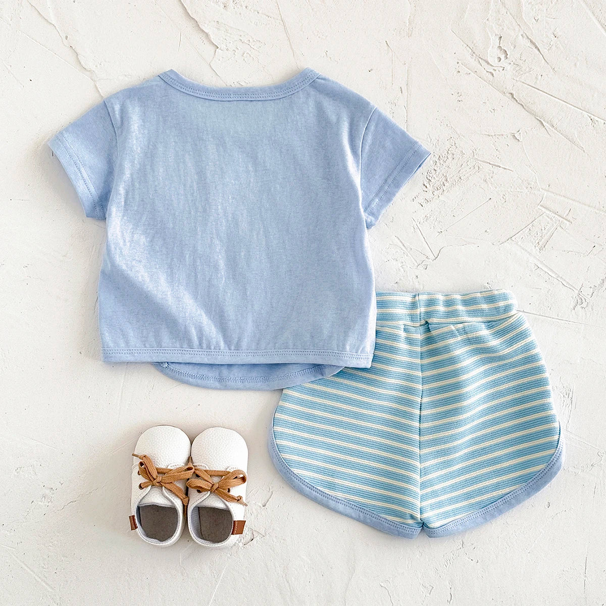 Toddler Baby Summer Casual Clothes Sets Solid Color With Pocket T-shirt Tops+Striped Triangle Shorts Boys Girls Clothes 2Pcs/Set