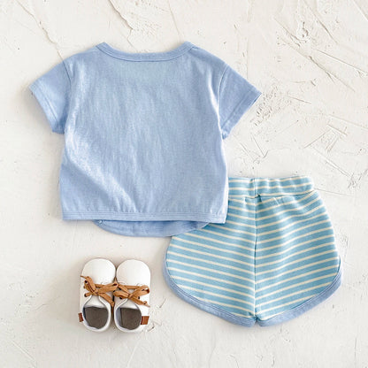 Toddler Baby Summer Casual Clothes Sets Solid Color With Pocket T-shirt Tops+Striped Triangle Shorts Boys Girls Clothes 2Pcs/Set