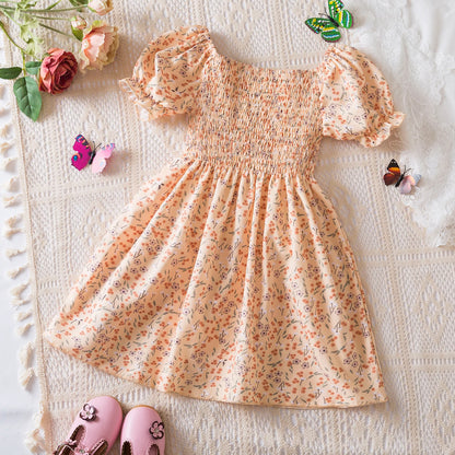 Kids Casual Dress for Girls Clothes 2024 New Summer Children Fashion White Floral Print Puff Sleeve Princess Dress 2-6 Years