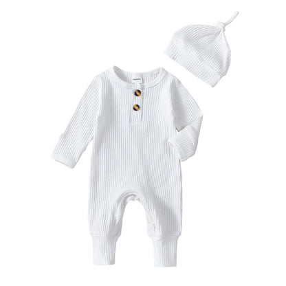 Baby Boy 2 Pieces Outfits Solid Color Ribbed Long Sleeve Romper Jumpsuit with Hat for Infant Toddler Fall Clothes