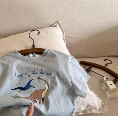 Kids Casual Loose Clothes New Child Short Sleeve Tops Round Neck Base Shirt Pure Cotton Tops Baby Clothing Dinosaur Print Tees