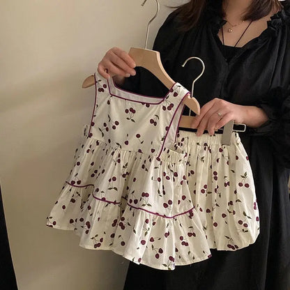 Kids Summer Clothing Set Girls Cherry Print Square Collar Loose Shirt+Elastic Waist Shorts 2-8Y Children 2Pcs Cute Clothes Suit