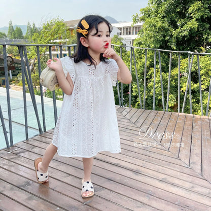 Toddler Girls Dress Cotton Eyelet Lace Beach Sundress Little Girl Kids Summer Clothes