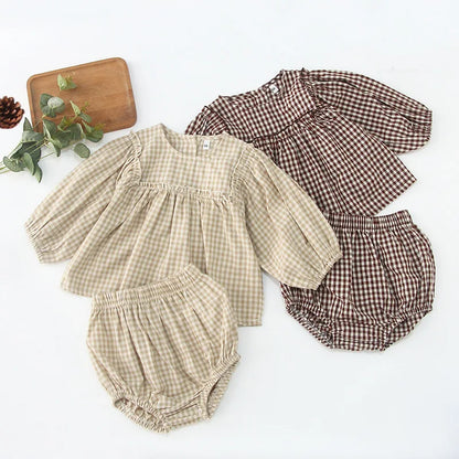 Infant Baby Boys Girls Clothes Set Spring Autumn Kids Baby Boys Girls Long Sleeve Grid T-shirt + Shorts 2pcs Toddler Clothes