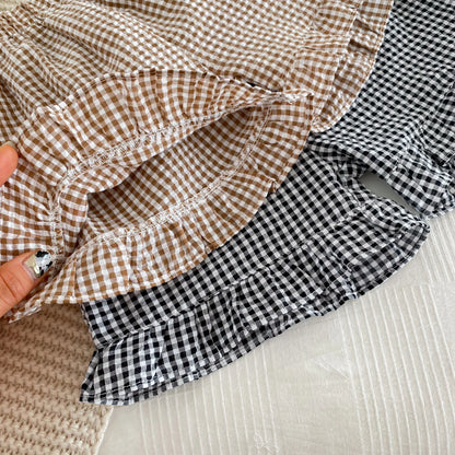 Korean Style Kids Outfit Baby Clothes Girls Summer Checkered Sleeveless Blouses + Shorts Two Piece Set 2-6yrs