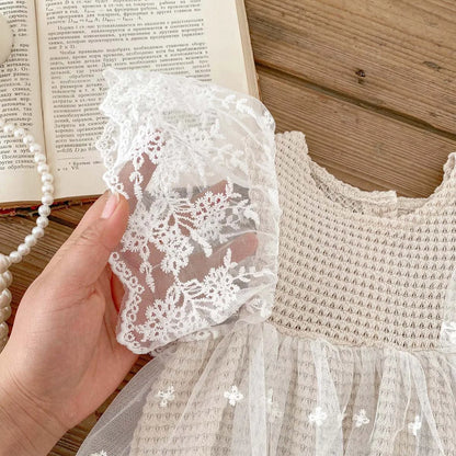 Newborn Baby Clothing Bodysuit Infant Waffle Romper Girls Flying Sleeve Summer Lace Jumpsuit Dress Sweet Toddler Clothes 3-24M