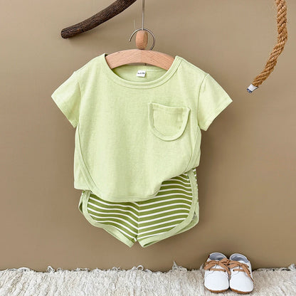 Toddler Baby Summer Casual Clothes Sets Solid Color With Pocket T-shirt Tops+Striped Triangle Shorts Boys Girls Clothes 2Pcs/Set