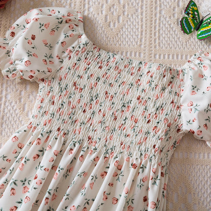 Kids Casual Dress for Girls Clothes 2024 New Summer Children Fashion White Floral Print Puff Sleeve Princess Dress 2-6 Years