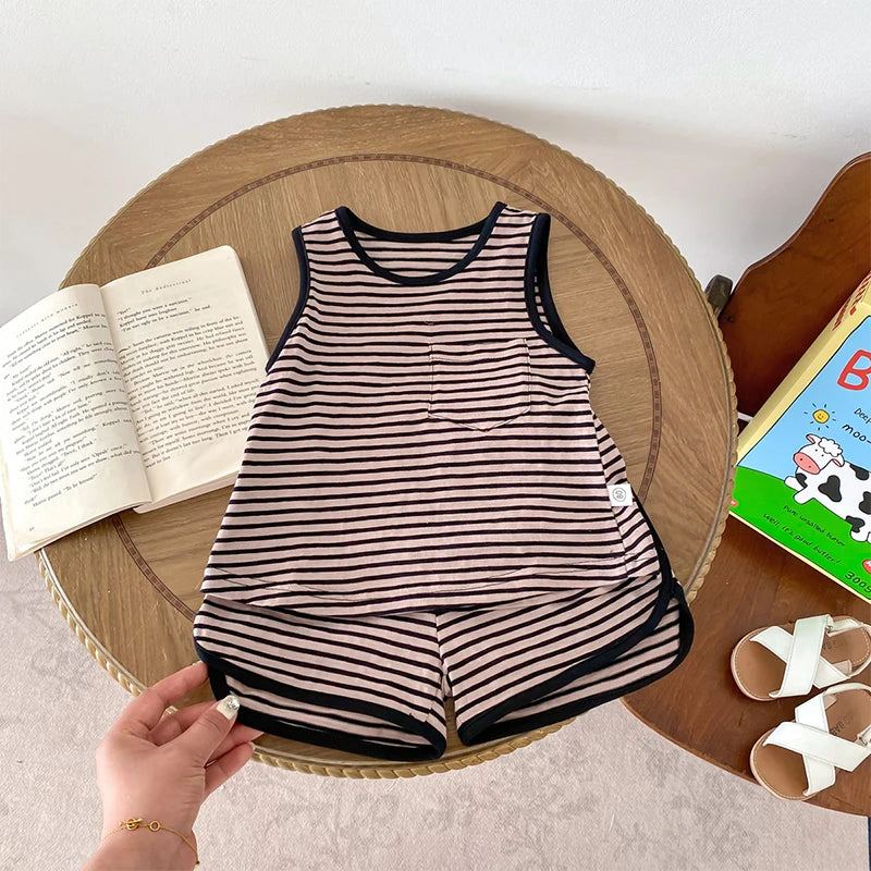 Kids Boy 2 Piece Outfits Solid Color/Stripe Print Sleeveless Tank Tops and Elastic Shorts Set Summer Clothes