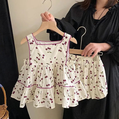 Kids Summer Clothing Set Girls Cherry Print Square Collar Loose Shirt+Elastic Waist Shorts 2-8Y Children 2Pcs Cute Clothes Suit