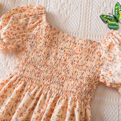 Kids Casual Dress for Girls Clothes 2024 New Summer Children Fashion White Floral Print Puff Sleeve Princess Dress 2-6 Years