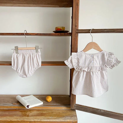 Toddler Baby Girl Suit Clothes Toddler Short Sleeves Shirt+PP Bread Shorts 2PCS Baby Girl Plaid Suit Baby Girl Summer Clothes