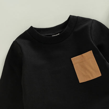 2PCS Toddler Boy Autumn Clothes Long Sleeve Round Neck Tops with Pocket Pullover and Stripe Trousers Tracksuit