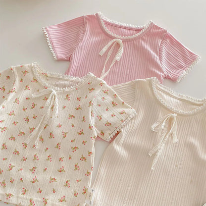 Toddler Girl Summer T Shirt Cotton Solid Color Floral Fashion Little Girls Clothes Kids Shirts New Arrival 2025