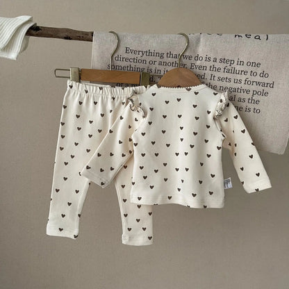 Spring/Autumn Baby Clothing Set 0-3 Year Old Girl Love Pattern Long Sleeve Long Pants 2-piece Set Pure Cotton Baby Outing Set