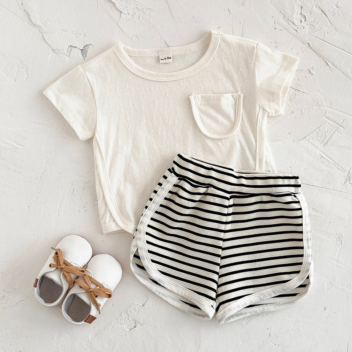 Toddler Baby Summer Casual Clothes Sets Solid Color With Pocket T-shirt Tops+Striped Triangle Shorts Boys Girls Clothes 2Pcs/Set