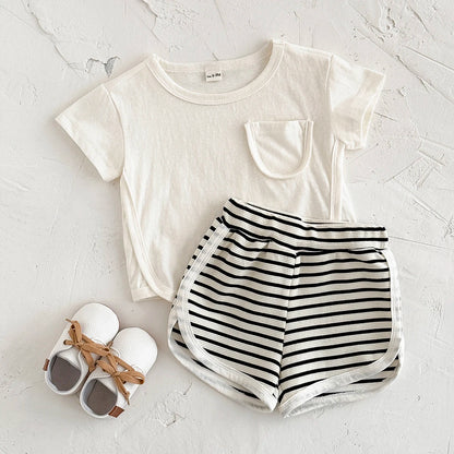 Toddler Baby Summer Casual Clothes Sets Solid Color With Pocket T-shirt Tops+Striped Triangle Shorts Boys Girls Clothes 2Pcs/Set