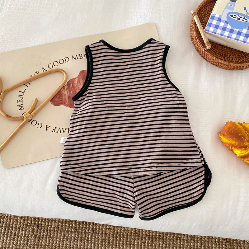 Kids Boy 2 Piece Outfits Solid Color/Stripe Print Sleeveless Tank Tops and Elastic Shorts Set Summer Clothes