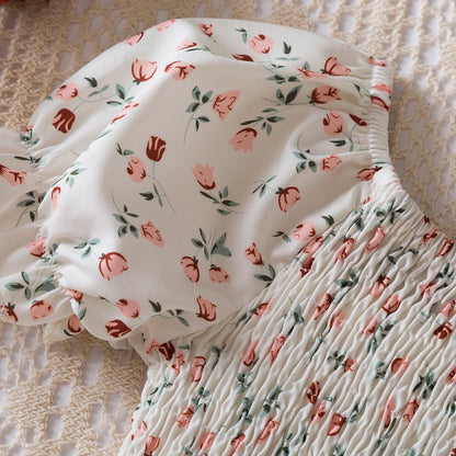 Kids Casual Dress for Girls Clothes 2024 New Summer Children Fashion White Floral Print Puff Sleeve Princess Dress 2-6 Years