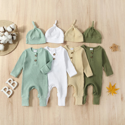 Baby Boy 2 Pieces Outfits Solid Color Ribbed Long Sleeve Romper Jumpsuit with Hat for Infant Toddler Fall Clothes