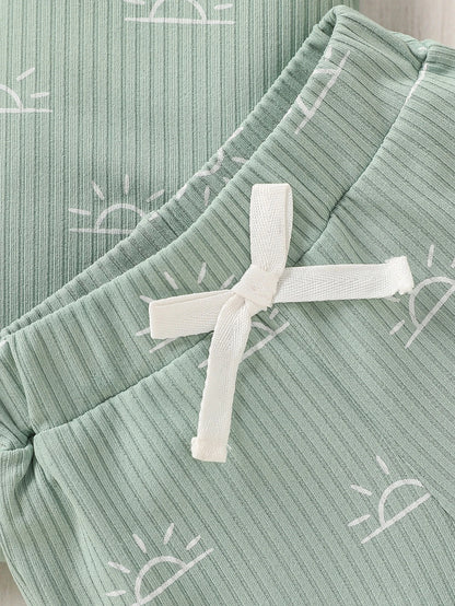 Baby Clothes Summer Short Sleeve Print Cute Sun For Newborn Top+ Pant With Bow Clothing Casual Set