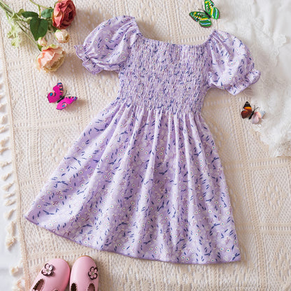 Kids Casual Dress for Girls Clothes 2024 New Summer Children Fashion White Floral Print Puff Sleeve Princess Dress 2-6 Years