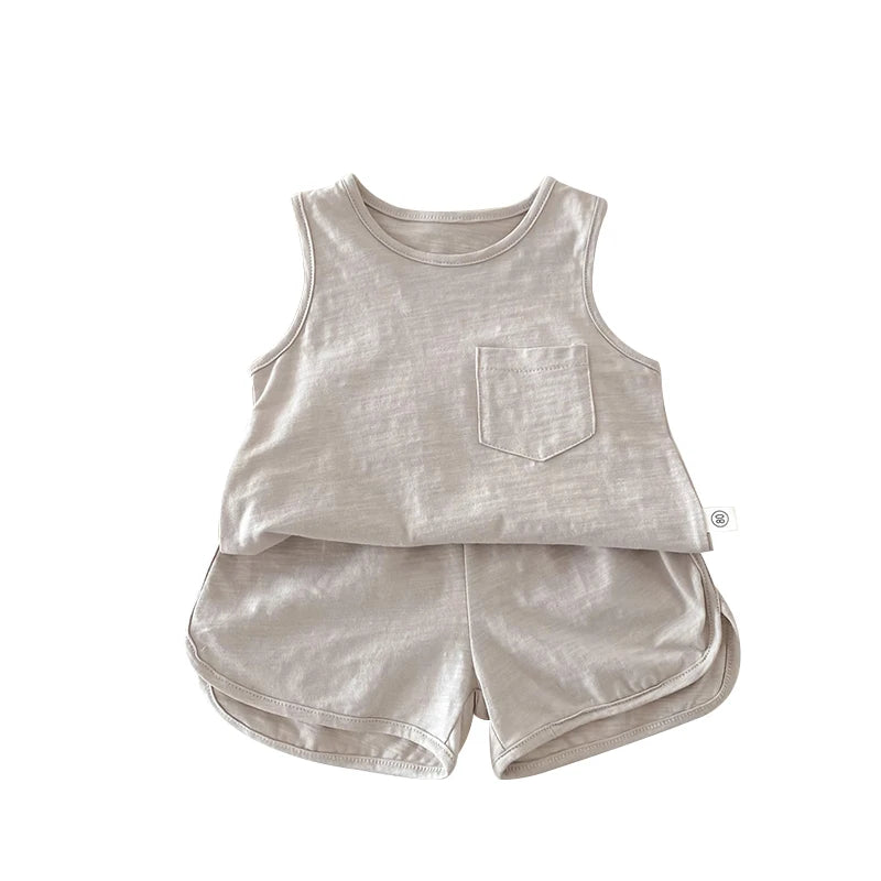 Kids Boy 2 Piece Outfits Solid Color/Stripe Print Sleeveless Tank Tops and Elastic Shorts Set Summer Clothes